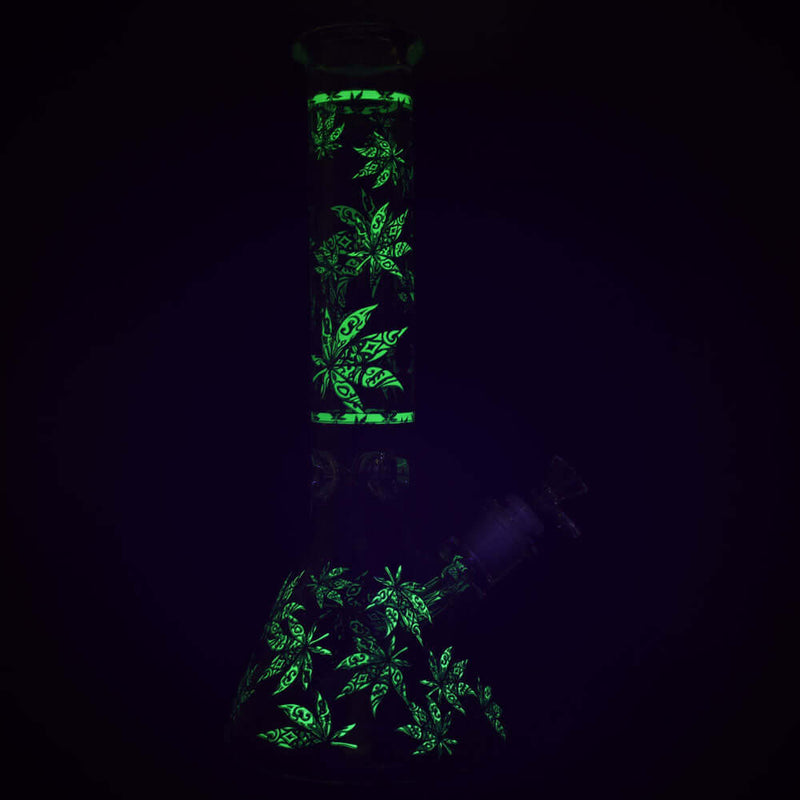 Hemp Leaves Glow in the Dark Water Pipe - 14" / 14mm F