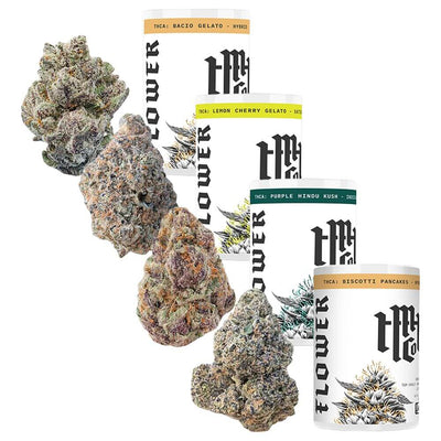 Variety of Modern Herb Co THCA flowers with product canisters, showcasing unique strains and natural beauty.