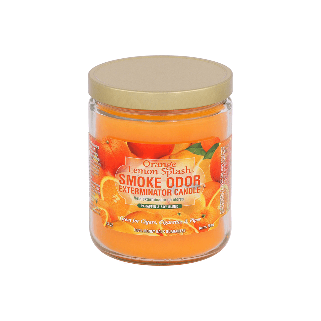 Orange Lemon Splash Smoke Odor Exterminator Candle in jar, designed to neutralize smoke odors effectively.