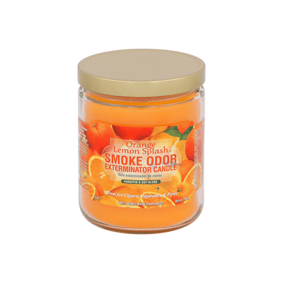 Orange Lemon Splash Smoke Odor Exterminator Candle in jar, designed to neutralize smoke odors effectively.
