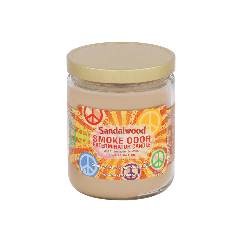 Sandalwood Smoke Odor Exterminator candle in jar with peace symbols, designed to neutralize smoke odors.