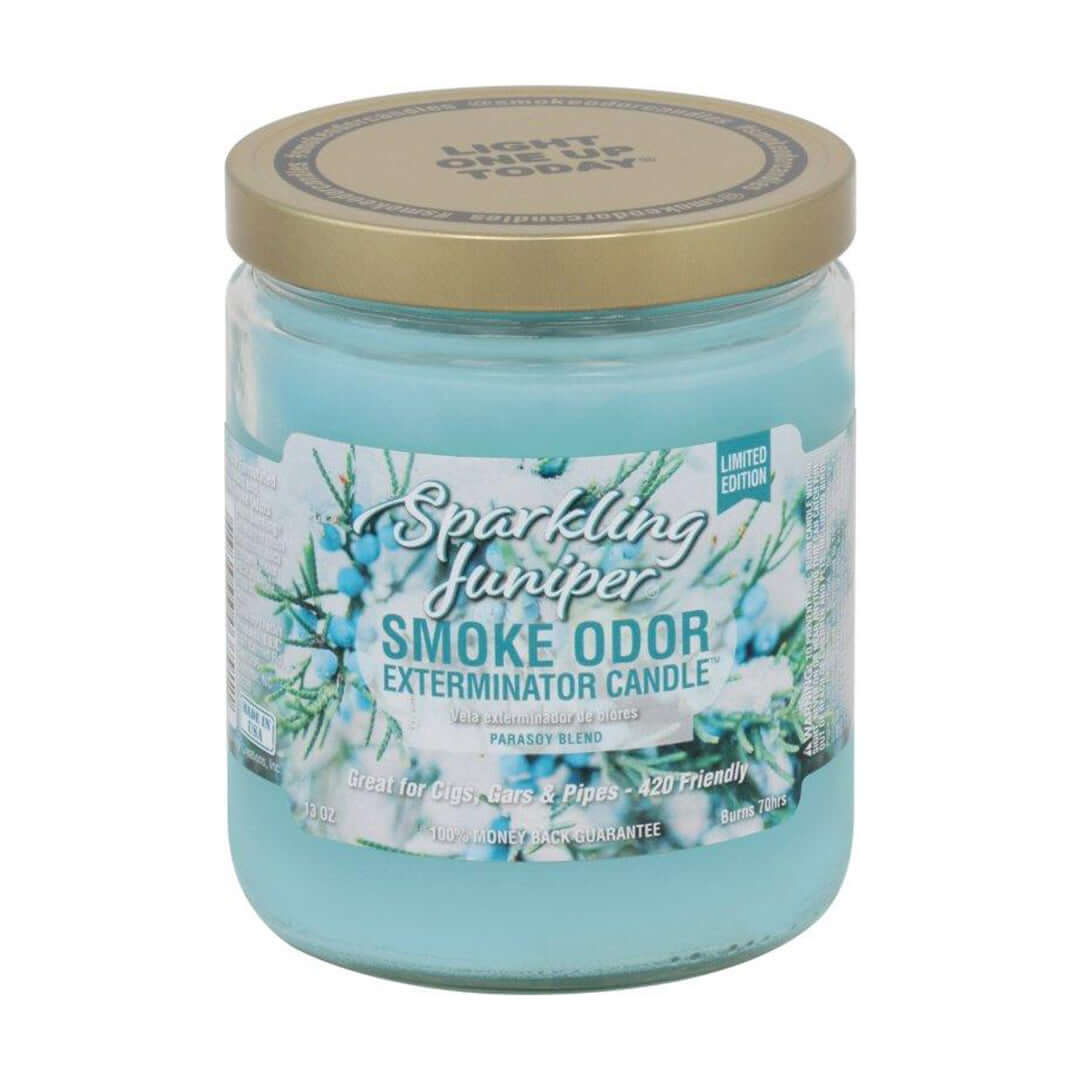 Sparkling Juniper smoke odor exterminator candle in jar, designed to neutralize smoke odors from cigars, cigarettes, and pipes.