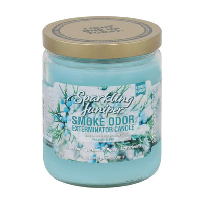 Sparkling Juniper smoke odor exterminator candle in jar, designed to neutralize smoke odors from cigars, cigarettes, and pipes.