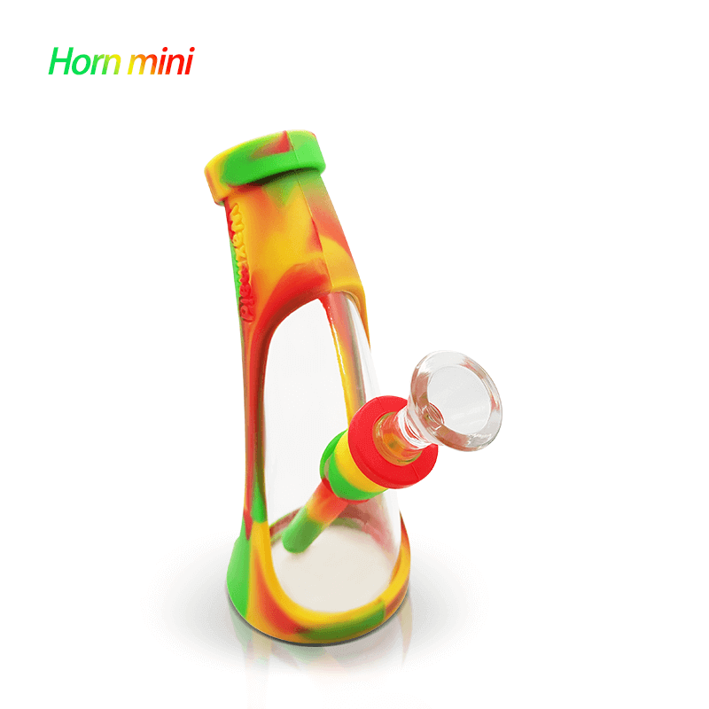 Waxmaid Mini Horn silicone glass bubbler with colorful design, durable and food-safe smoking rig featuring an unbreakable silicone sleeve.