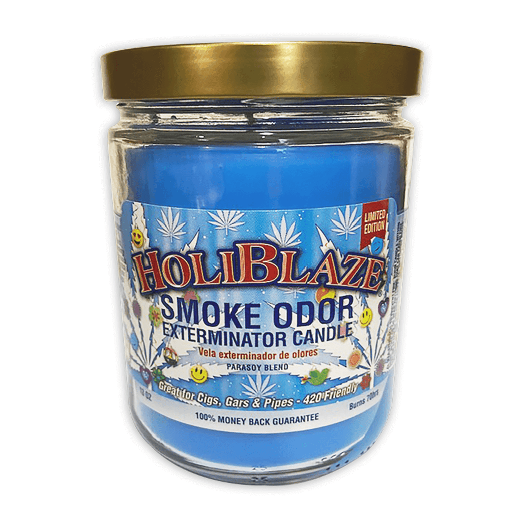HoliBlaze Smoke Odor Exterminator candle for eliminating smoke odors from cigars, cigarettes, and pipes.