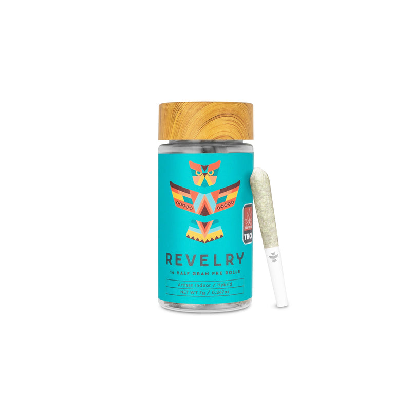 Revelry Lemon Cherry Gelato (LCG) THCA Pre Rolls 14 Pack with colorful packaging and pre roll.