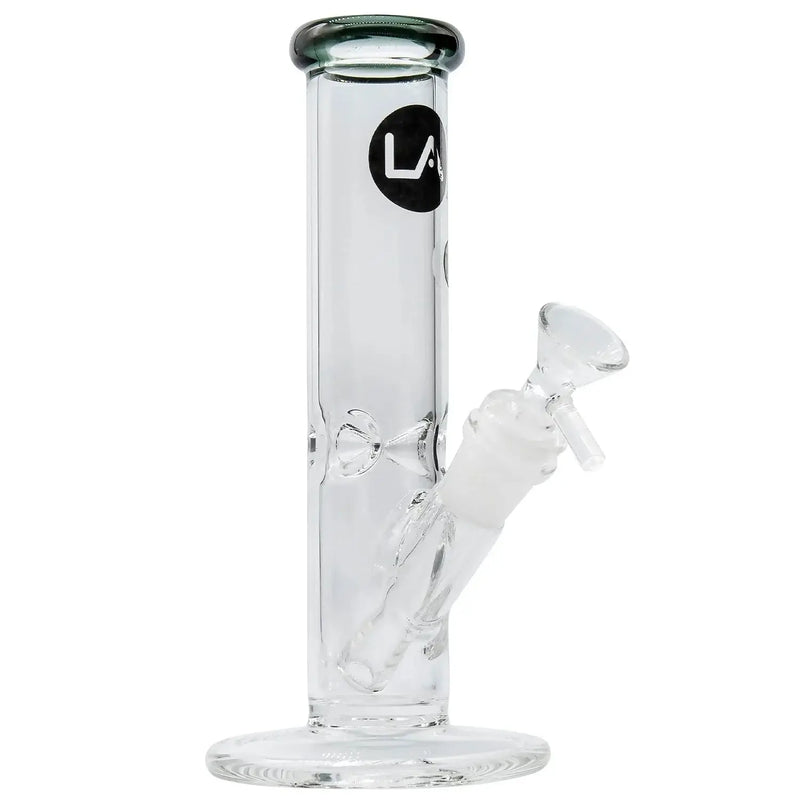 LA Pipes Straight Shooter Bong with colorful mouthpiece, 8-inch tall, handmade in Los Angeles, classic borosilicate glass design.