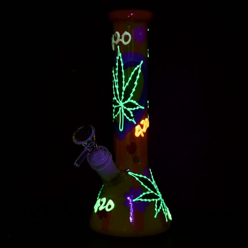 Hemp Leaf Glow In The Dark Beaker Glass Water Pipe - 9.25" / 14mm F