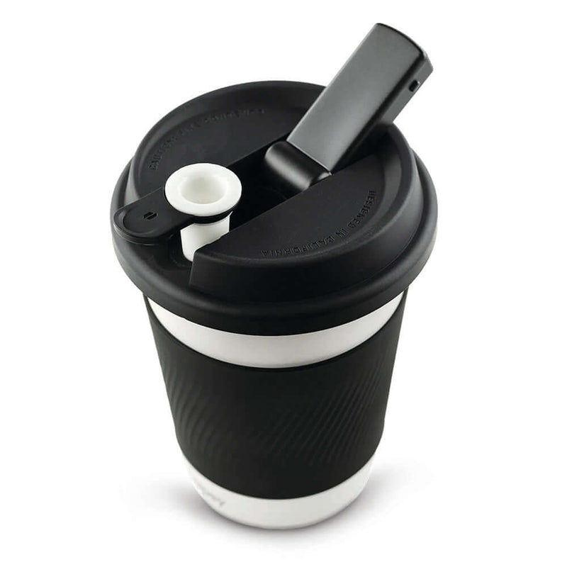 Puffco Cupsy Coffee Cup Water Pipe, 5 inches, Black, discreet smoking gadget with ceramic herb bowl and hidden storage.