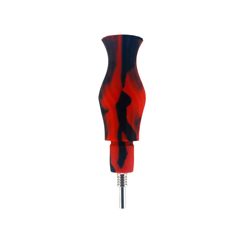 Red and black 3 in 1 silicone water pipe with a metal tip, 7 inches, 14mm female joint, premium platinum-cured material.