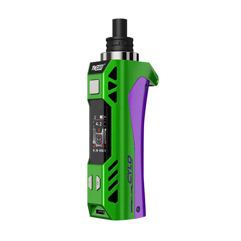 Yocan Cylo Vaporizer in green and purple with variable voltage and compact size for ultimate vaping satisfaction