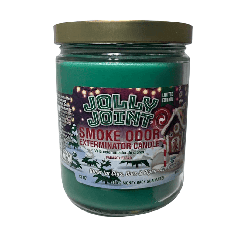Jolly Joint Smoke Odor Exterminator candle, green paraffin/soy blend, eliminates smoke odors, 13 oz, limited edition.