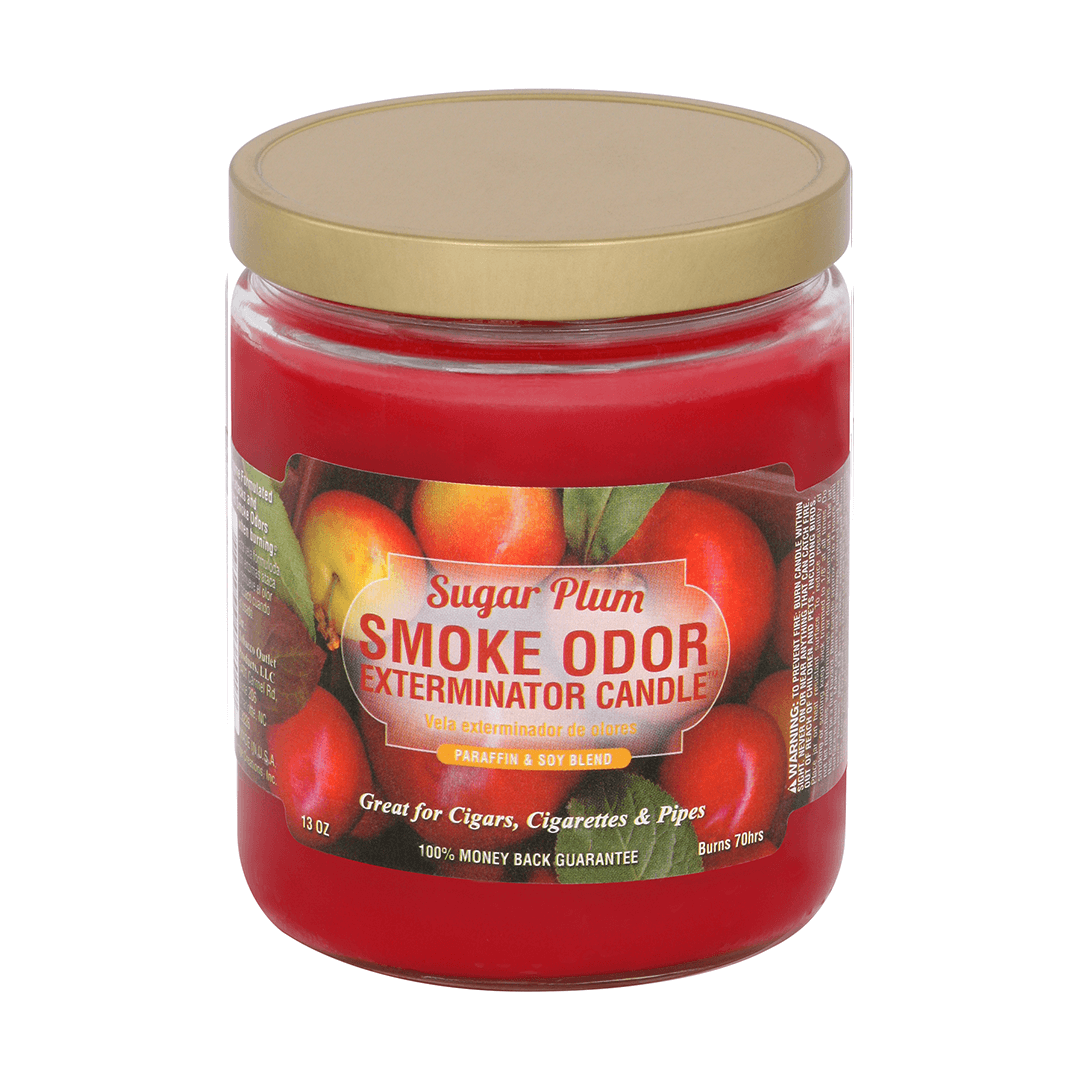 Smoke Odor Exterminator candle in Sugar Plum scent, designed to neutralize smoke odors from cigars and cigarettes.