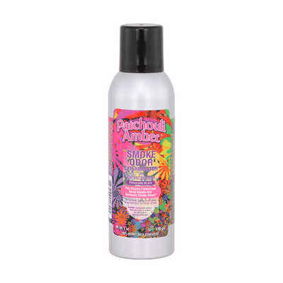 Patchouli Amber Smoke Odor Spray bottle with colorful label, designed to eliminate smoke and pet odors effectively.