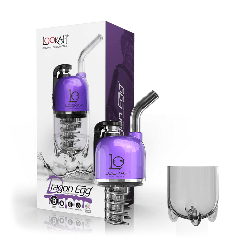 Lookah Dragon Egg Vaporizer in purple packaging with a water chamber and accessories for intense vaping experiences.