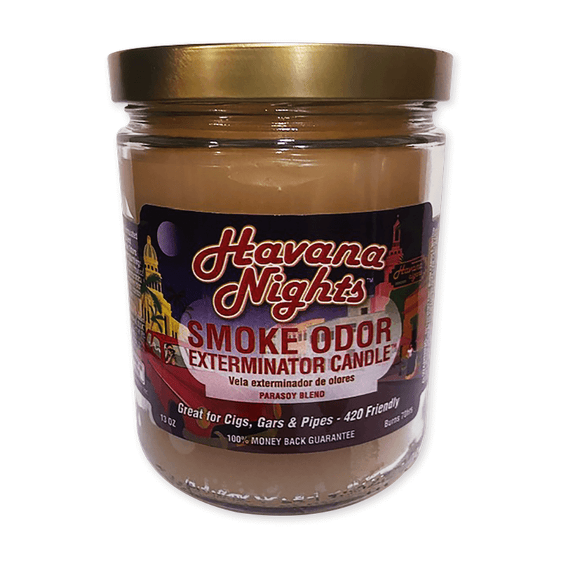 Havana Nights Smoke Odor Exterminator Candle in jar, effective for neutralizing smoke odors from cigars and pipes.