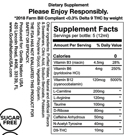 Supplement facts for THC Energy Drink Shots - UNTAMED 50MG highlighting ingredients and nutritional information.