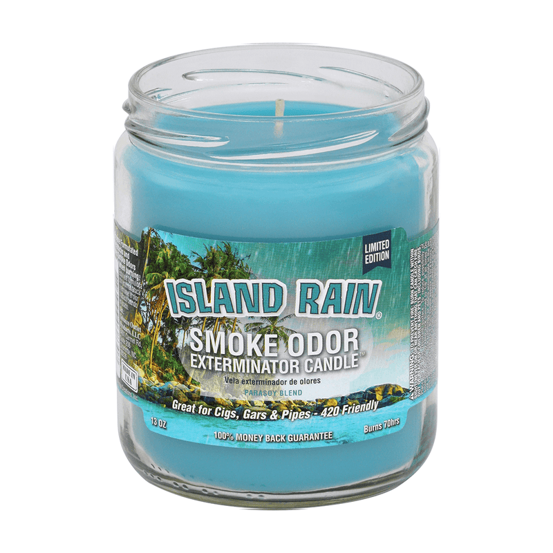 Island Rain Smoke Odor Exterminator candle in a jar, designed to neutralize smoke odors from cigars, pipes, and more.
