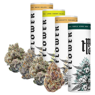 Modern Herb Co THCA Flower displays four premium varieties: Bacio Gelato, Lemon Cherry Gelato, Biscotti Pancakes, and Purple Hindu Kush.
