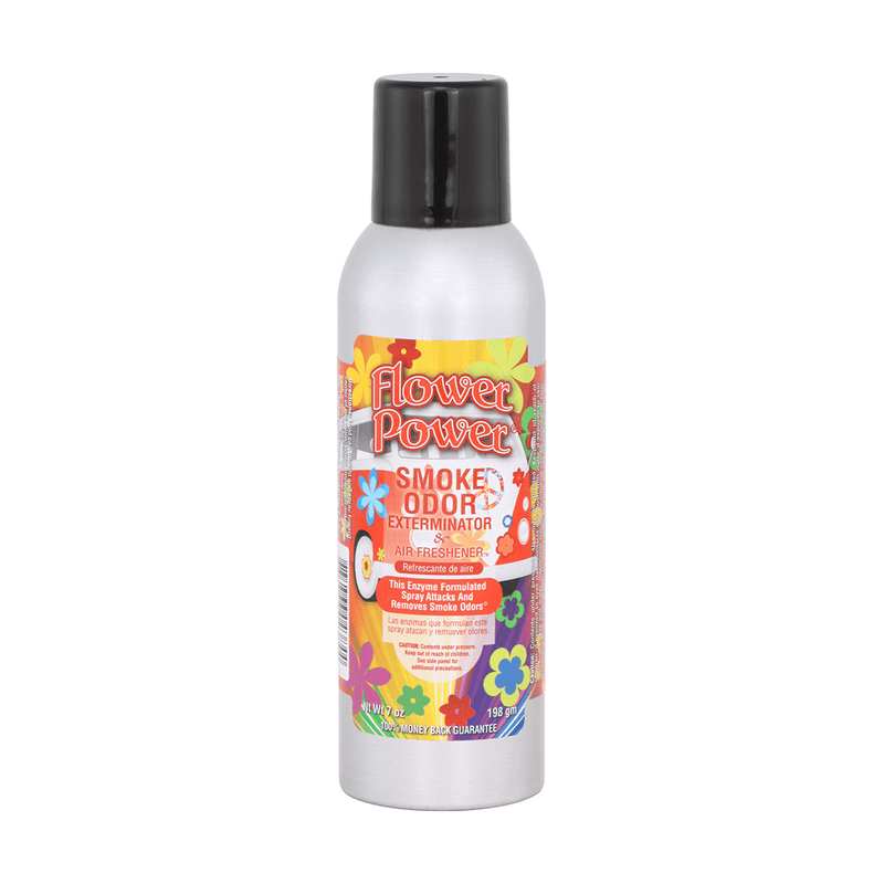 Flower Power Smoke Odor Spray bottle, effective air freshener for eliminating smoke and pet odors.