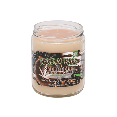 Wake-N-Bake Smoke Odor Exterminator Candle in glass jar, effective for neutralizing smoke odors from cigars and pipes.